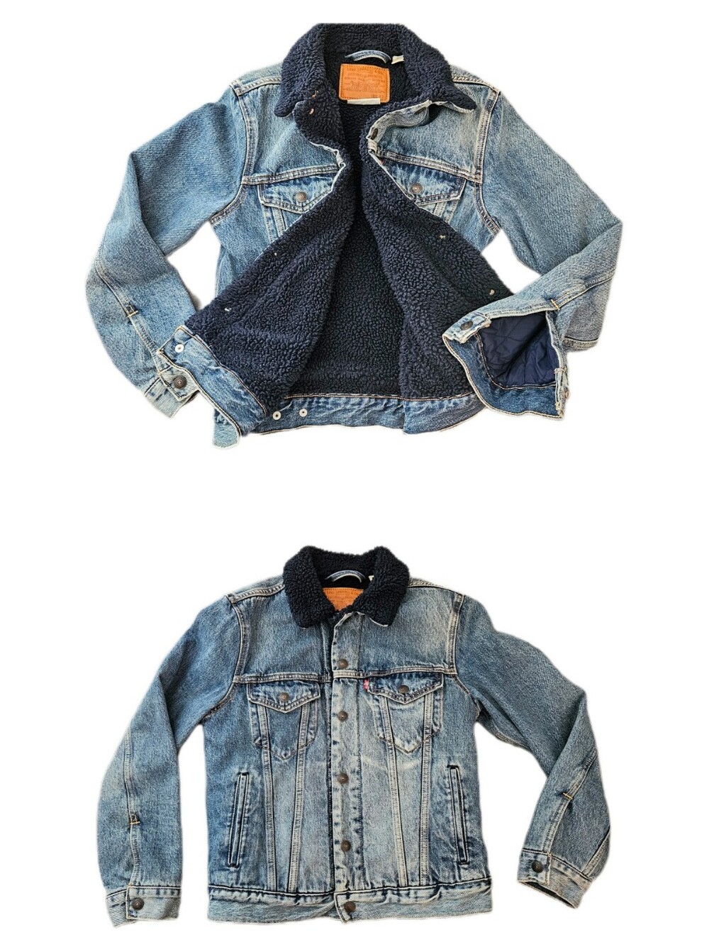 XS Levi's Classic Blue Denim Jacket with Navy Sherpa Lining Trucker Unisex